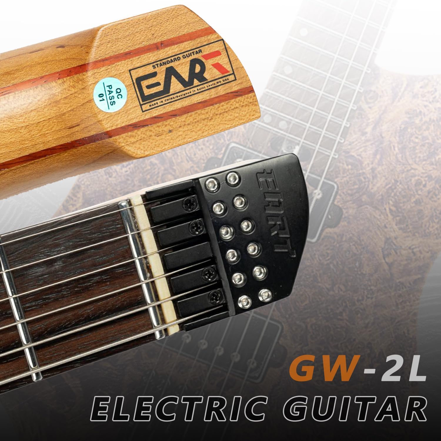 EART GW2L Headless Electric Guitar - Roasted Padauk/Poplar Burl Solid-Body, Compound Radius Neck, Custom Alnico-V Pickups, Headless Bridge System - Left Hand