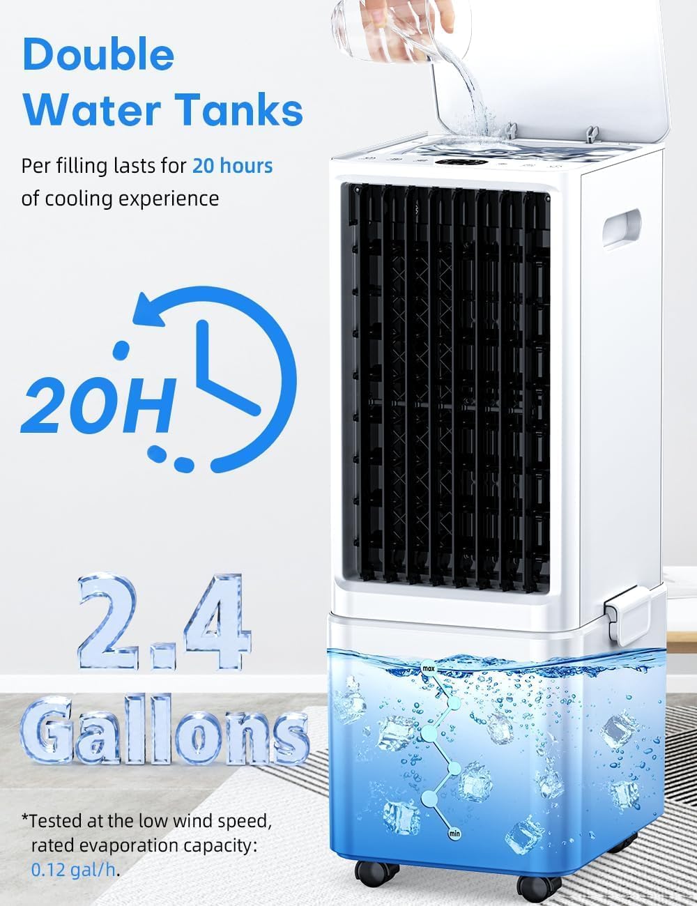 Windowless Air Conditioner w/ 4 Modes & 3 Speeds, Waterless Alert, 2.4-Gal Tank for 20H Cooling, 12H Timer, 20FT Remote, 70° Auto Swing Evaporative Air Cooler, Portable AC Unit for Bedroom