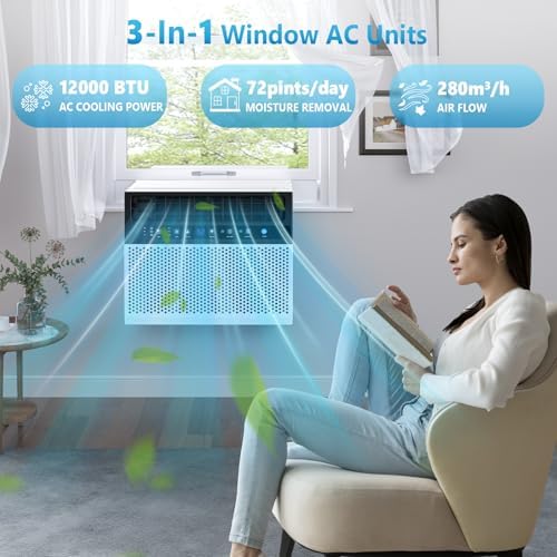 COWSAR 12000 BTUs Window Room Air Conditioner for Room, Window Air Conditioner, Cools Up 550sq.ft,Window AC Unit with Cooling, Dehumidifier and 3 Fan speeds, 24-hour timer & ECO mode