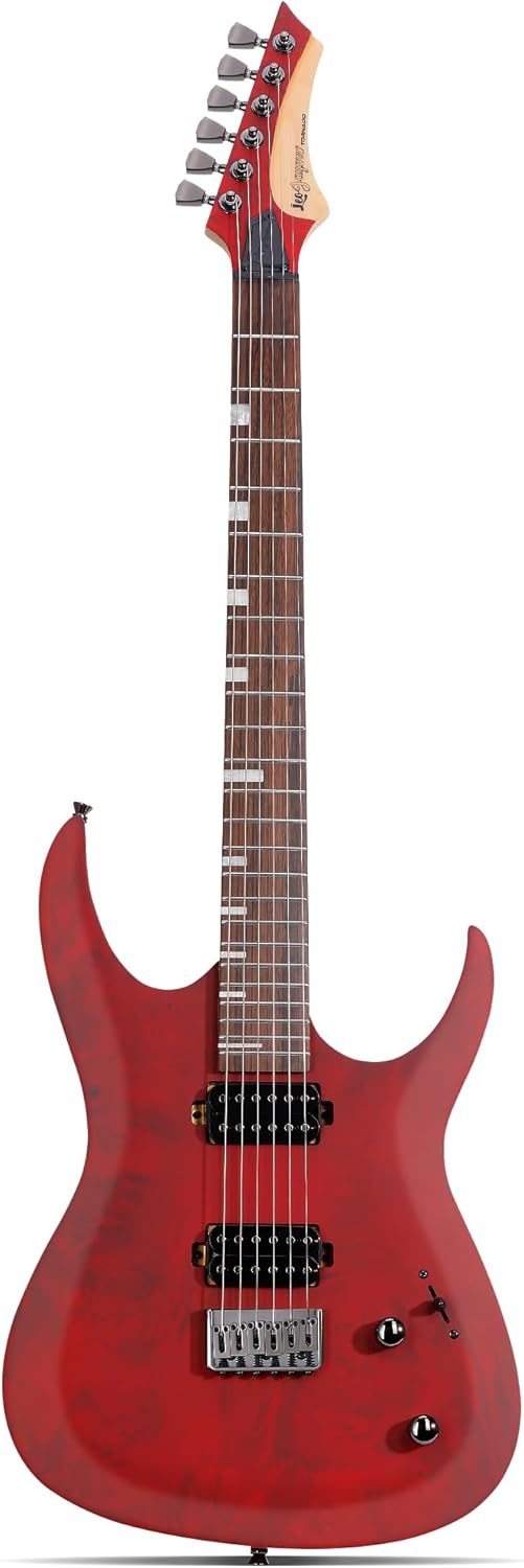 Leo Jaymz Tornado 6-String Electric Guitar, Okoume Body, Maple Neck, Laurel Fingerboard, Dual Alnico V Pickups, Locking Tuners, 3-Way Switch, 24 Frets (Burgundy Burl)