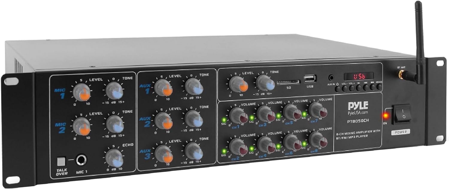 Pyle 8-Channel Wireless Bluetooth Power Amplifier - 4000W Rack Mount Multi Zone Sound Mixer Audio Home Stereo Receiver Box System w/ RCA, USB, AUX - For Speaker, PA, Theater, Studio/Stage - PT8050CH