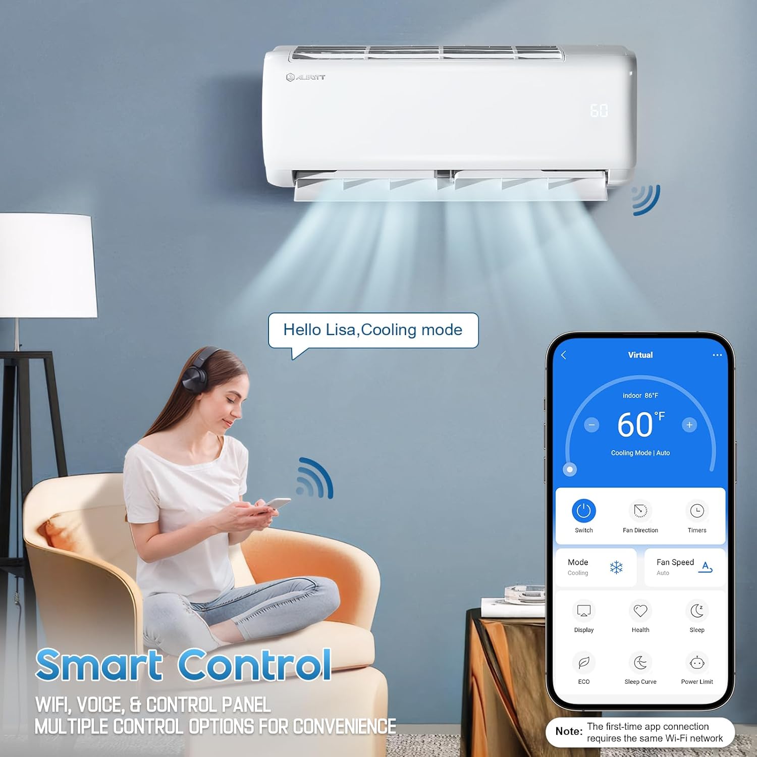 Albott Mini Split Air Conditioner Heat Pump, 18000 BTU 21 SEER2 208V-230V, Energy Star, Remote Control for Rooms up to 1250 Sq.Ft, Wall Ac Unit with 14.8ft Installation Kit, White