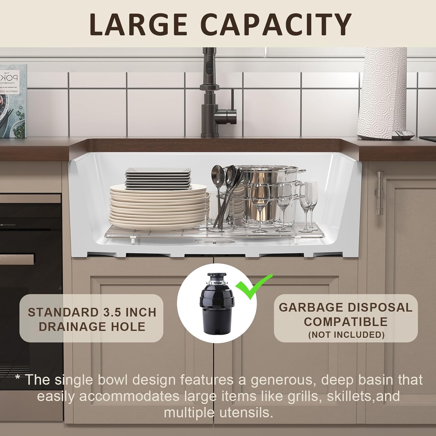 30 Inch Workstation Farmhouse Sink, White Fireclay Apron Front Kitchen Sink, Rectangular Undermount Sinks, Deep Deep Drop-in Single Bowl Reversible Sinks with Accessories