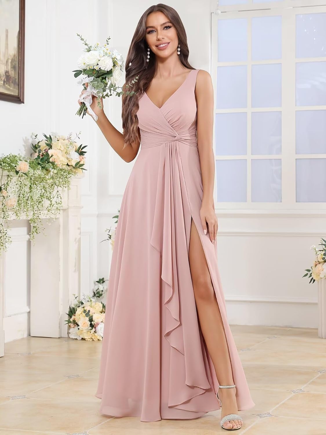 BOLENSYE Bridesmaid Dresses Long Ruched Ruffles Chiffon A Line Evening Party Gown with Pockets Slit