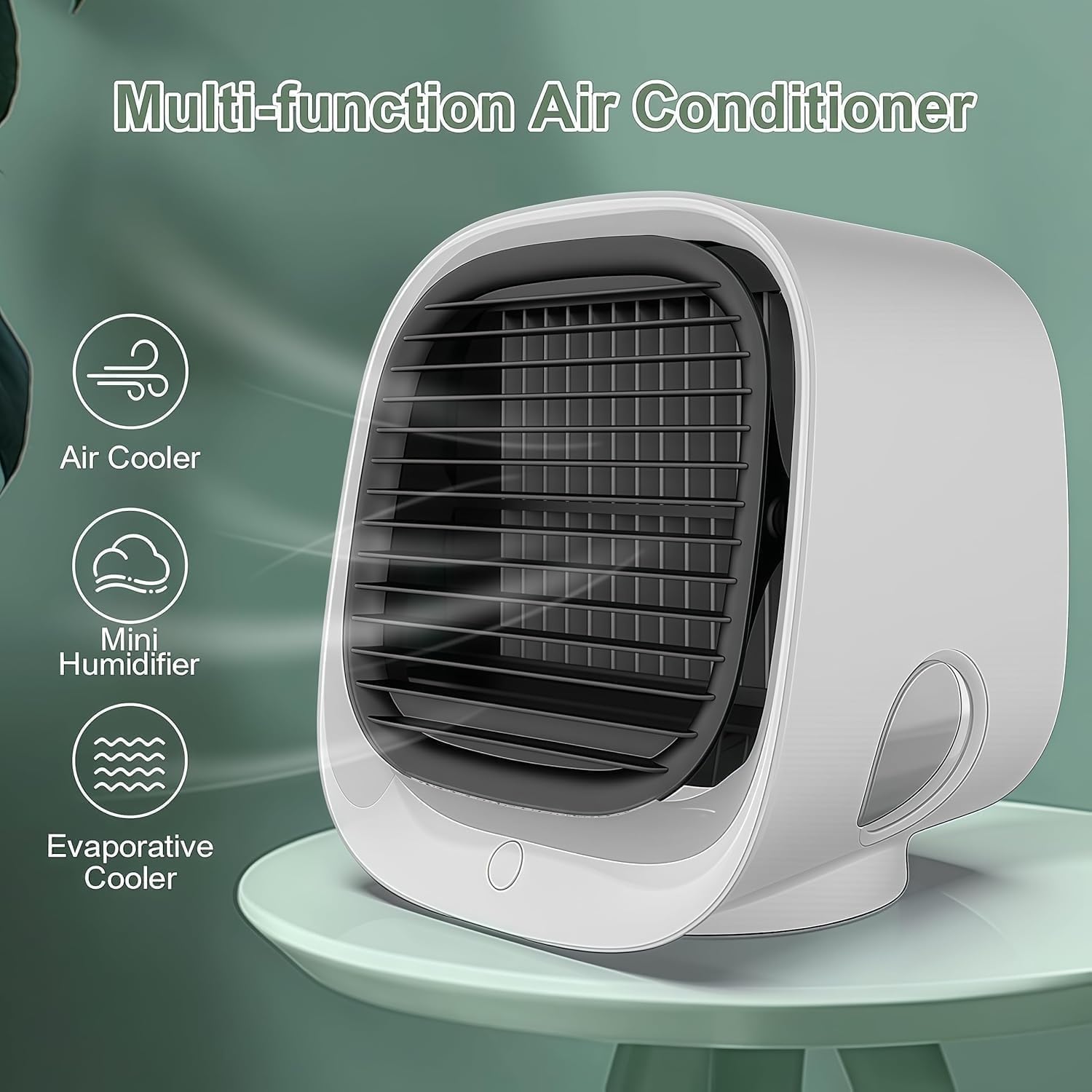 Portable Air Conditioner, Mini Air Cooler, 300 ML Water Tank, 8 Hours Of Use, with 3-Speed Cooling, Multi-angle Wind Adjustment, Built-In Night Light for Home, Office, Travel (White)