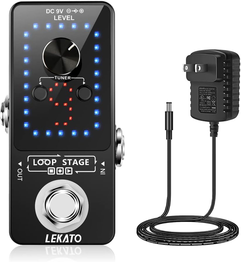 LEKATO Guitar Looper Pedal Effect Pedal with Tuner Function Looper Pedal Loops 9 Loops 40 minutes Record Time with USB Cable and 9V 0.6A Pedal Power Supply Adapter