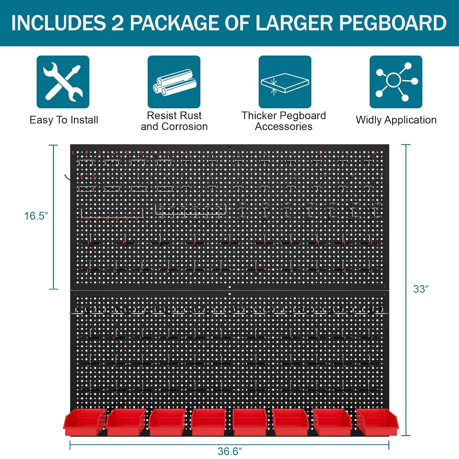 Peg Board kit with Accessories, Heavy Duty Steel Pegboard Kit with 180 PCS Varied Pegboard Accessories, Ideal for Tool Storage and Garage Organization, 16-Inch X 36-Inch, 2 Pack (Red Box)