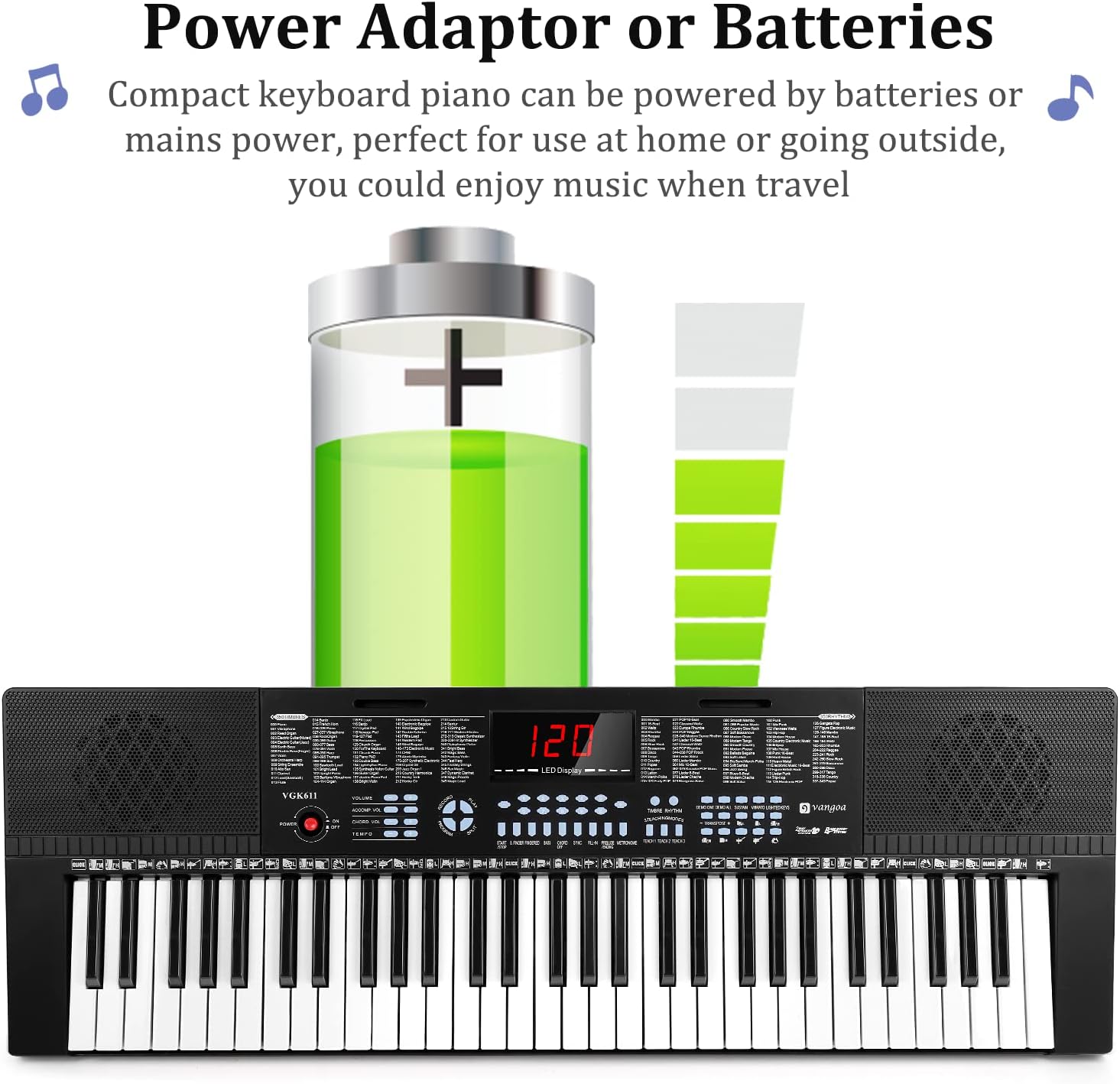 Vangoa 61-Key Light-Up Keyboard Piano for Beginners, 350 Tones & Timbres, 3 Teaching Modes, With Microphone, Black