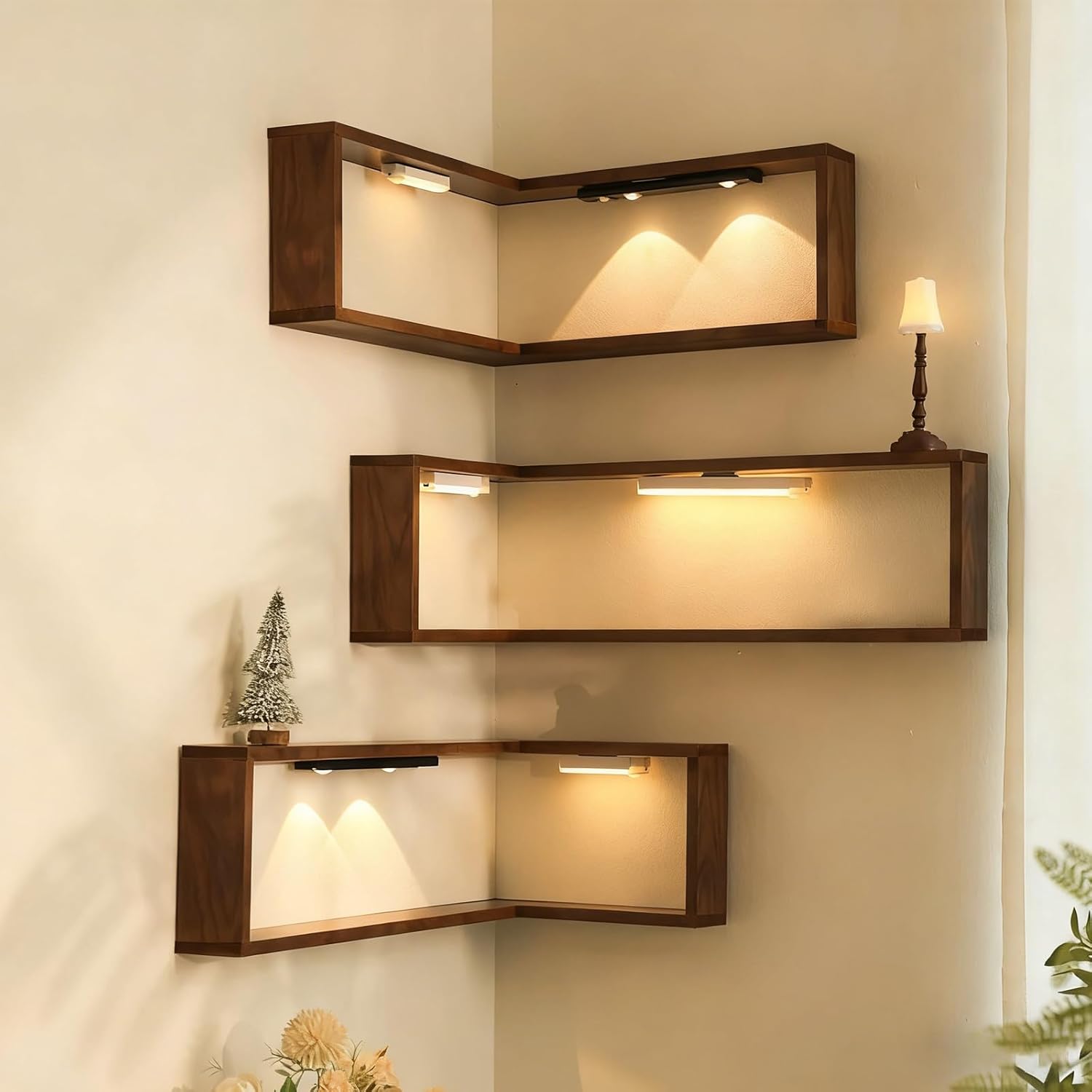 Illuminated Corner Shelf with Remote Automa Shelves That Light Up Your Space Wooden Corner Wall Shelves with Light for Figurines and Collectibles Modern Wall-Mounted Display Rack