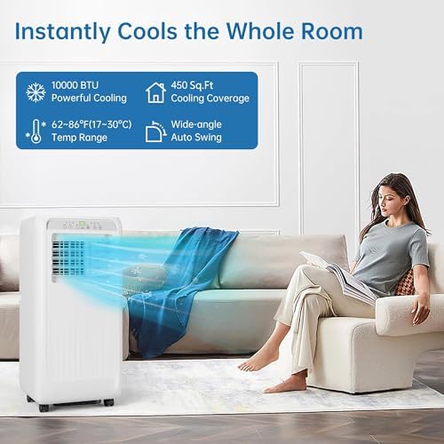 Portable Air Conditioners, 10000 BTU AC Unit Dehumidifier/Fan/Cool Mode, 3-In-1 Cools 450 Sq.Ft, Remote Control, 24H Timer, Window Kit for Bedroom, Office, Home, Grey