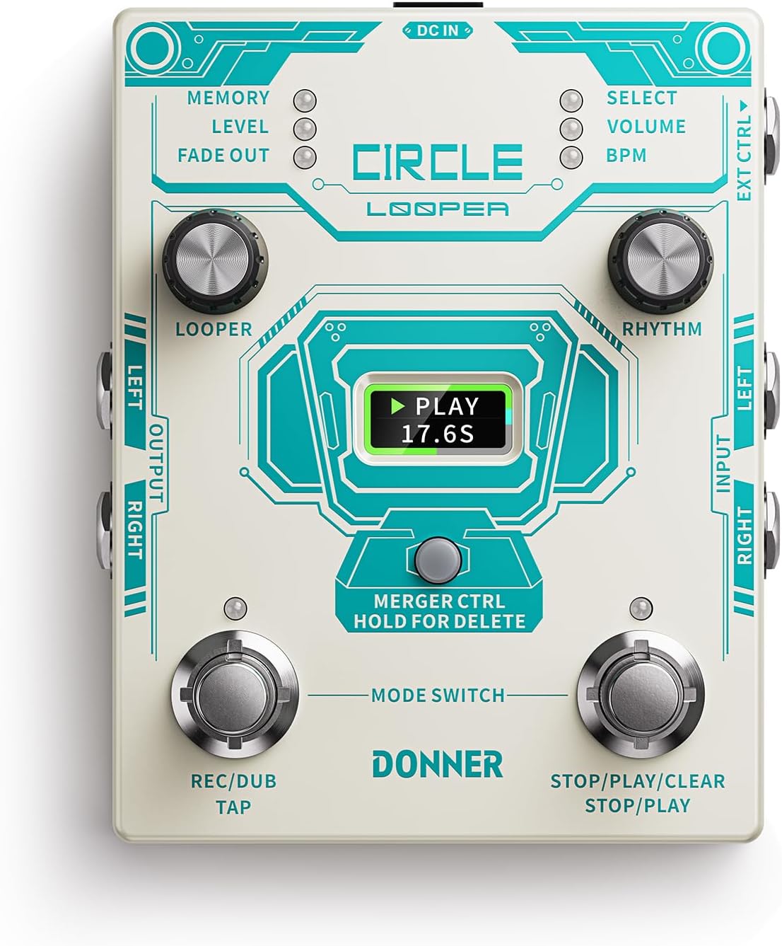 Donner Circle Looper Pedal Drum Machine, 2 in 1 Drum Looper Stereo Guitar Loop Pedals, 40 Slots 160 mins Loop with 110 Drum Grooves, Tap Tempo, Fade Out