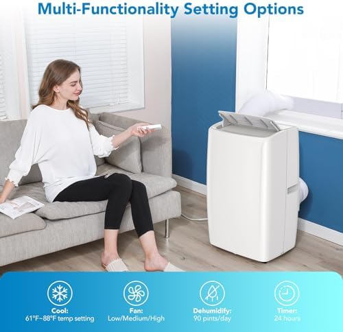 14,000 BTU Portable Air Conditioner with Remote Control Cools Up to 750 Sq.Ft Efficient Cooling AC Unit with 4 Modes Cool, Fan, Dehumidify & Sleep,24H Timer Function for Home/Office/Garage