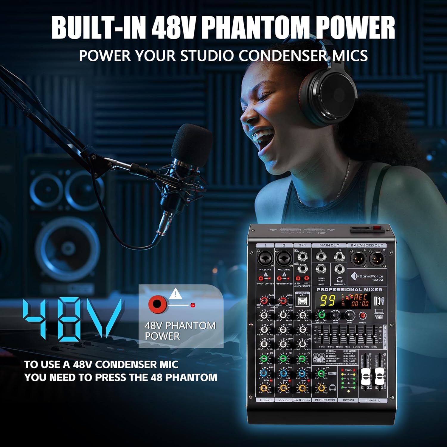 4 Channel Audio Mixer, 99 DSP Sound Board Console with 48V Phantom Power, Professional DJ Mixer for Podcasting, Streaming, Studio Recording (SMX4)