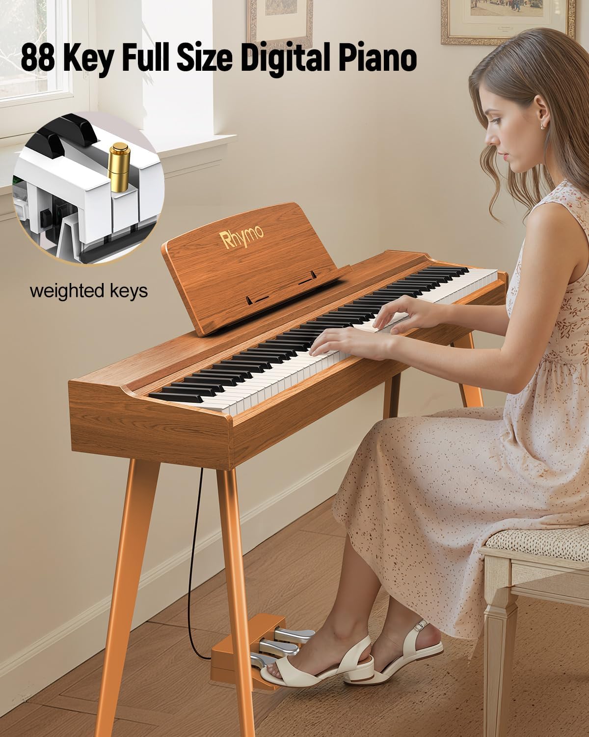 Rhymo Digital Piano 88 Key Weighted Keyboard with Stand,Progressive Hammer Action Electronic Piano,Beginner Keyboard Piano,Full Keyboard Piano with Triple Pedal,Sheet Music Stand,Usb-Midi (Modern)