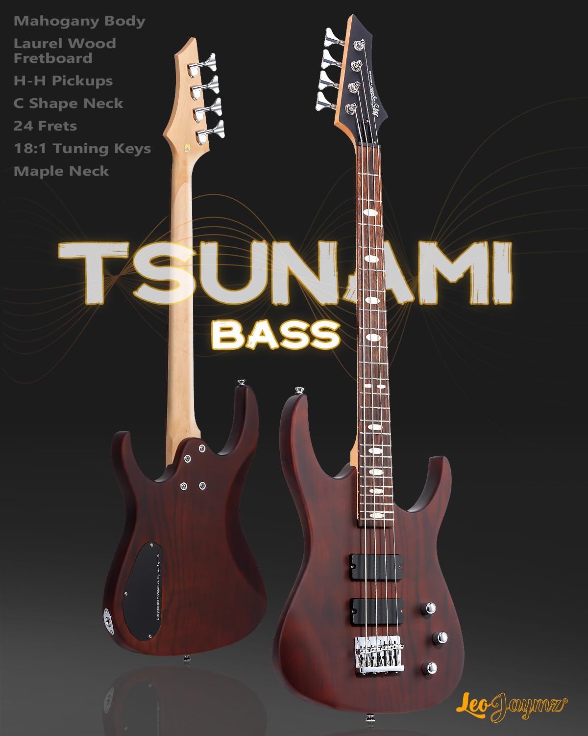 Leo Jaymz Hurricane 4-String Bass Guitar, ASH Body, Maple Neck, Laurel Fingerboard, Dual Humbuckers, 30-Inch Scale, 24 Frets (TB Red Black 4S)