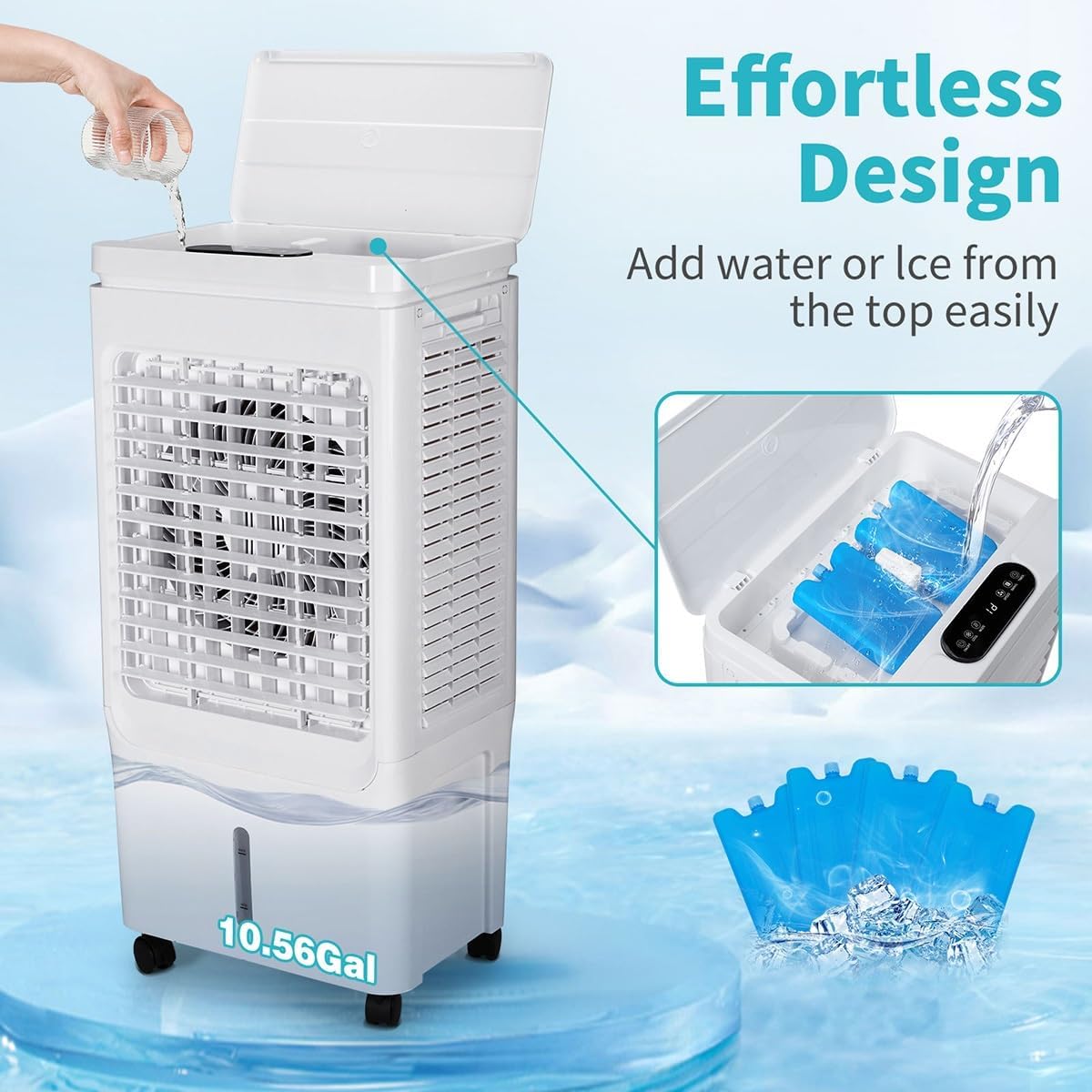 40L Portable Air Conditioner Cools Up to 215 Sq.Ft, Evaporative Low Noise AC Unit with Remote Control Fits 3-Speed Personal Air Conditioner Cooling Fan for Large Room, Office, Garage