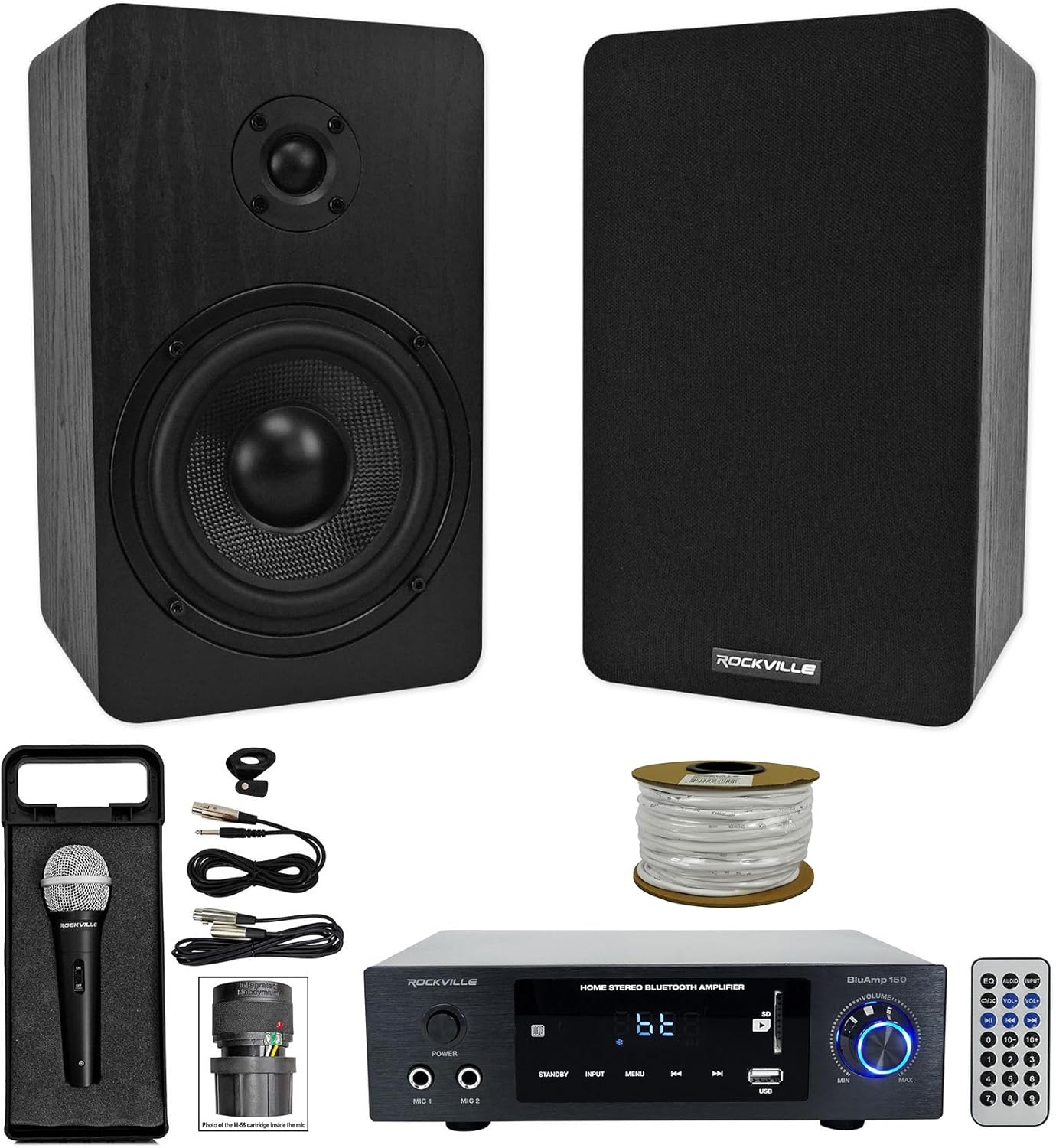 Rockville BLUAMP150 Bundle: Bluetooth Home Stereo Amplifier Receiver w/ Optical, RockShelf 54B 5.25 in 90W RMS/360W Peak 4-Ohm Bookshelf Speakers Pair, RMC-XLR Mic, RCC14-100-2 14AWG Wire, 4-items
