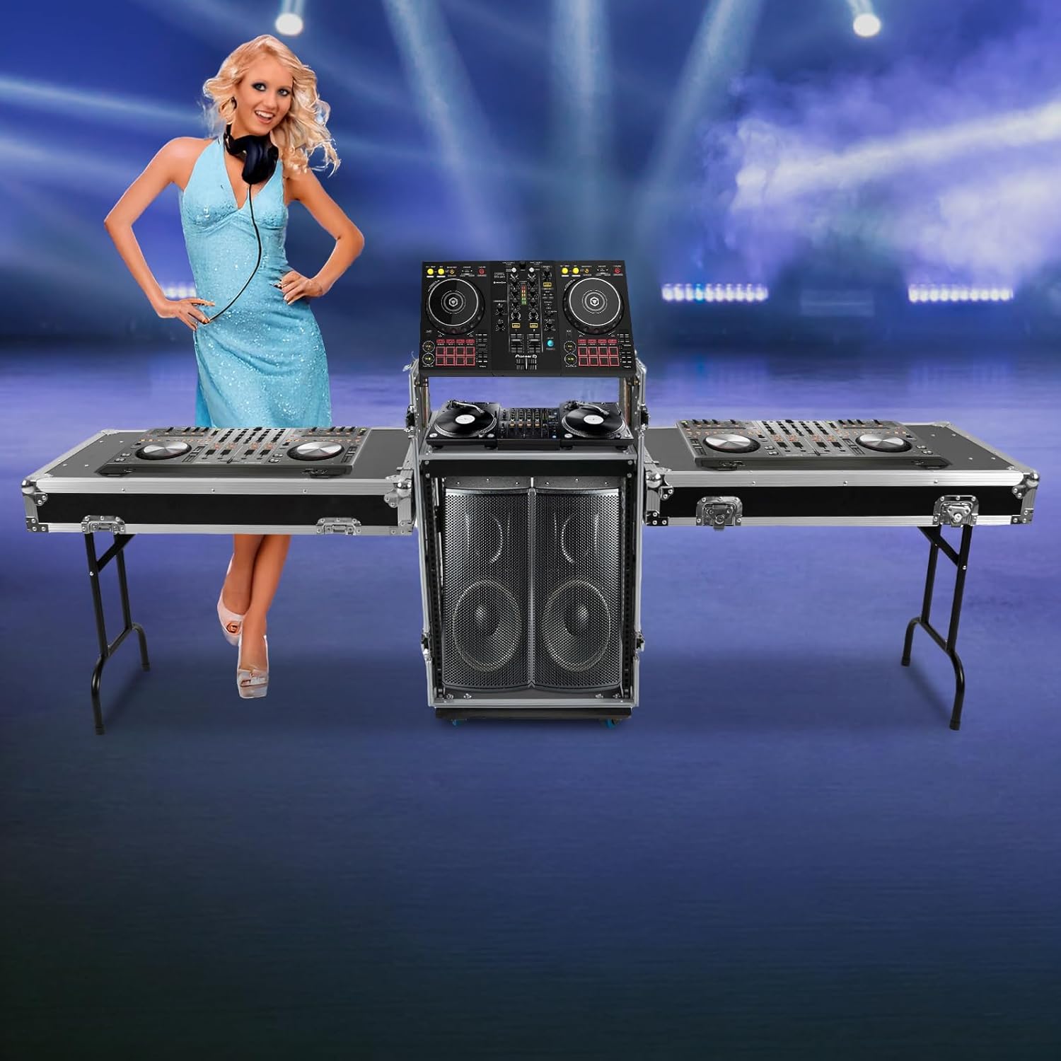 14U PA DJ Rack Case with 4 Wheels, Network and Stereo Rack, Heavy-Duty Double-Layer Studio Equipment Cabinet, Amplifier Mixer Storage Rack for Live Sound, KTV, and Home Theater