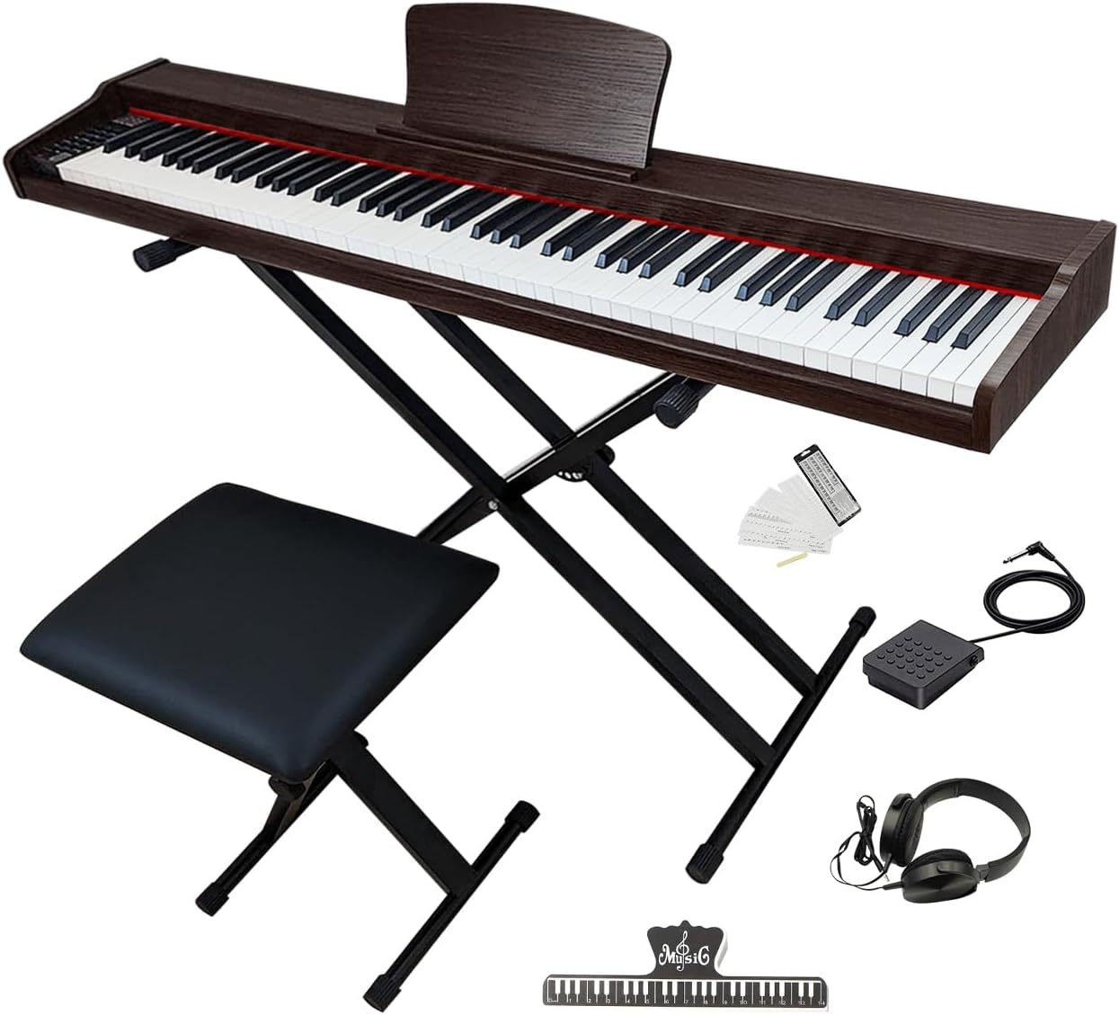 Longeye Piano Keyboard 88 Keys Wooden Electric Piano Semi Weighted Digital Piano Includes Piano Stand, Music Stand, Keyboard Bench, Headphones, MOLD2 Deep Brown
