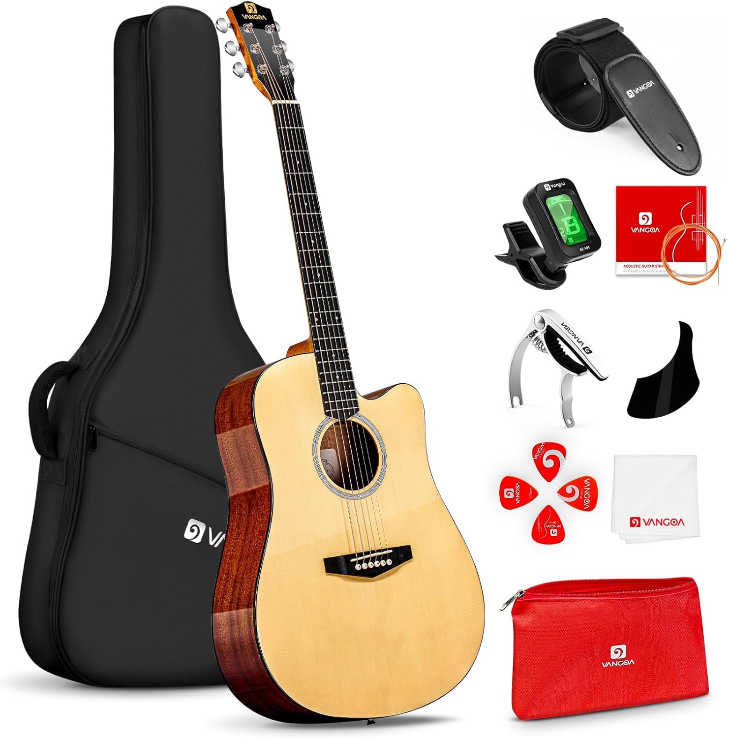 Vangoa Acoustic Guitar Kit for Beginner Adult Teen Full Size Cutaway Acustica Guitarra Starter 41 Inch Guitar Natural Bundle Set with Bag Strap Tuner Capo Pickguard Pick, Right Hand