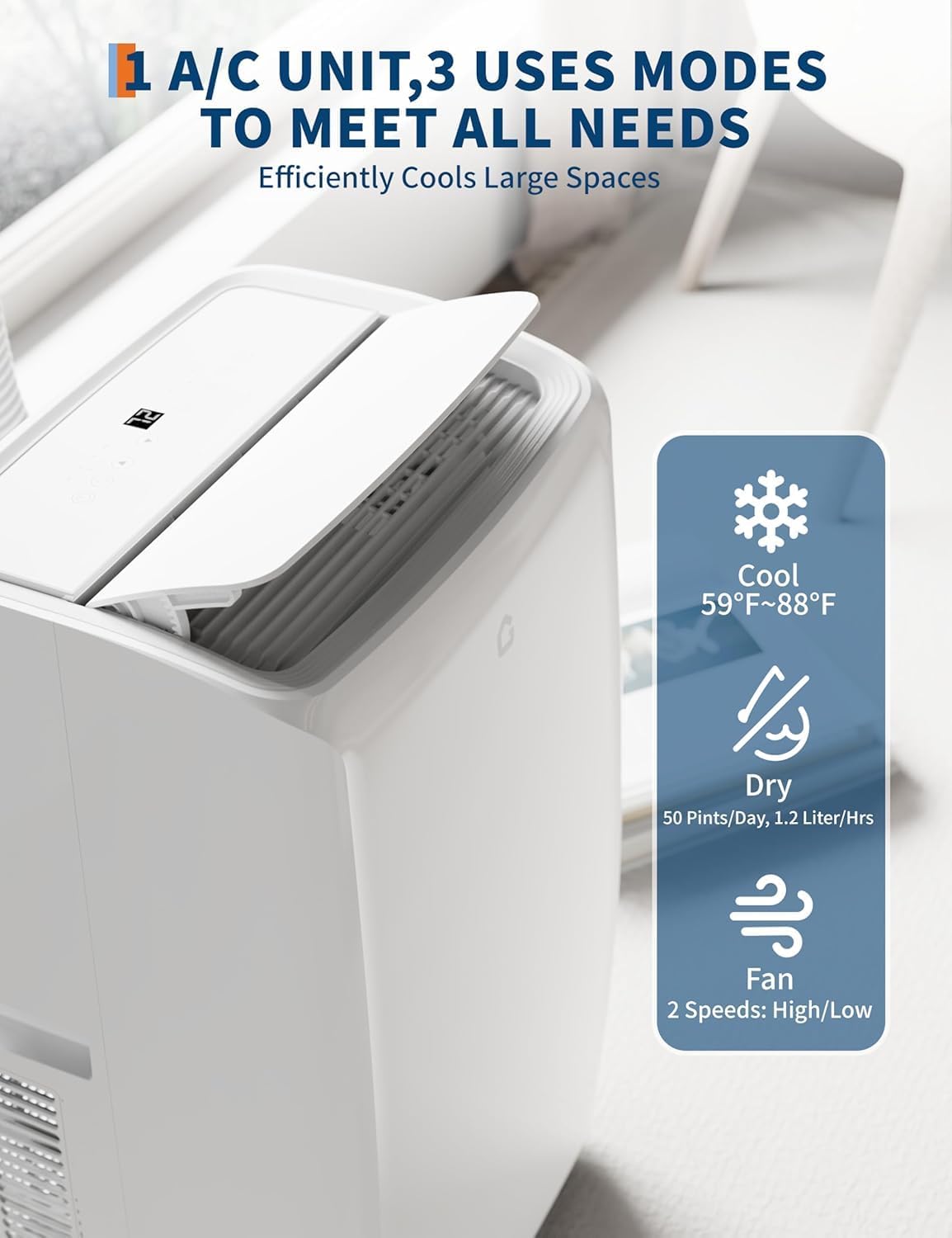 14000 BTU Portable Air Conditioner - 3 in-1 AC Unit with Dehumidifier & Fan, Cools Up to 750 Sq Ft, Quiet 52dB, Easy Install Kit for Home/Garage/Apartment