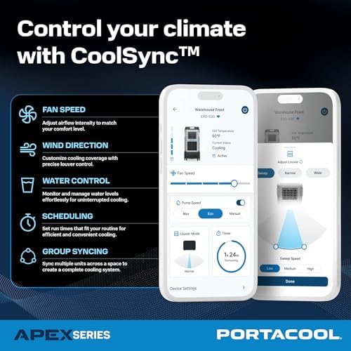 Portacool Apex 1200 (PACA12001A1) – Wi-Fi Enabled High Velocity Portable Evaporative Cooler for 1200 sq. ft. with up to 40-foot Reach, Programable, 40 Gallon Reservoir, Variable Speed