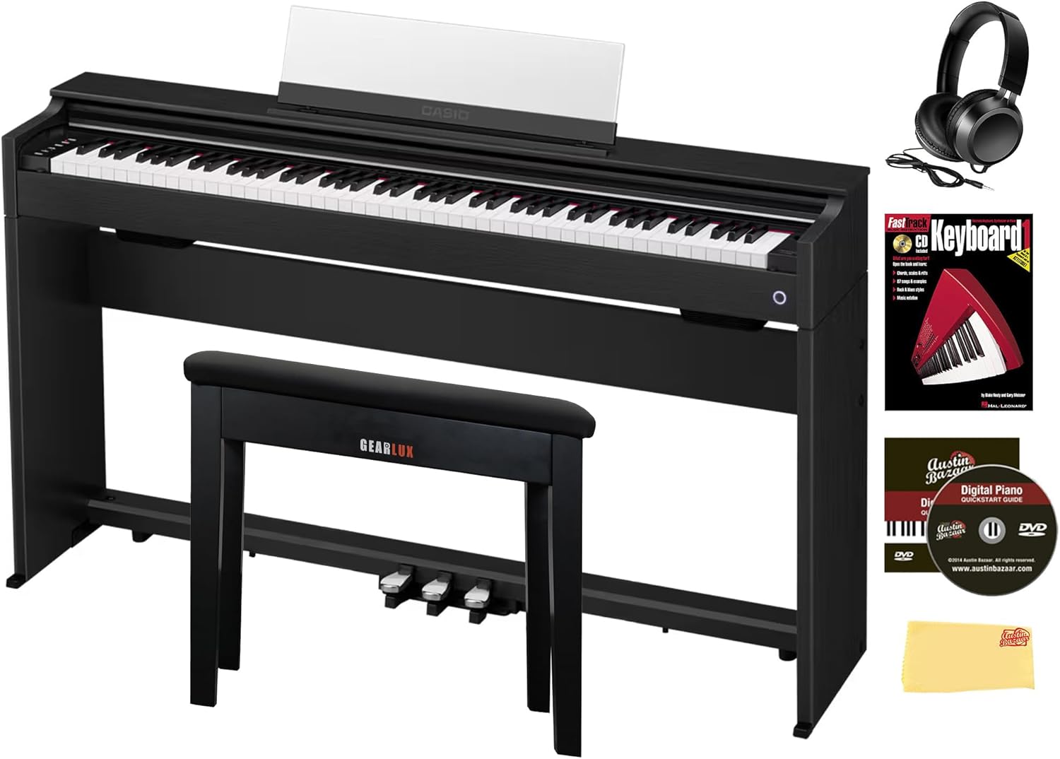 Casio AP-S200 CELVIANO 88-Key Digital Piano - Black Bundle with Furniture Bench, Headphones, Instructional Book, Austin Bazaar Instructional DVD, and Polishing Cloth