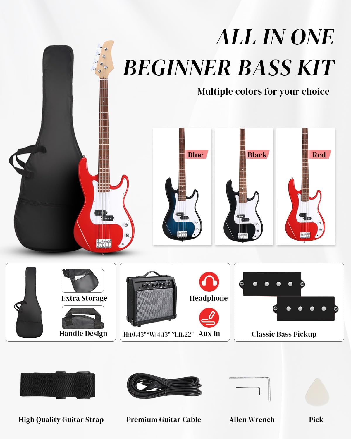 Ktaxon Full Size Bass Guitar 4 String Electric Bass Guitar Kit with Solid Wood Body, Dynamic Tone & Fantastic Hand Feeling Includes 20W Amp, Cable, Strap, Pick and Wrench(Red)