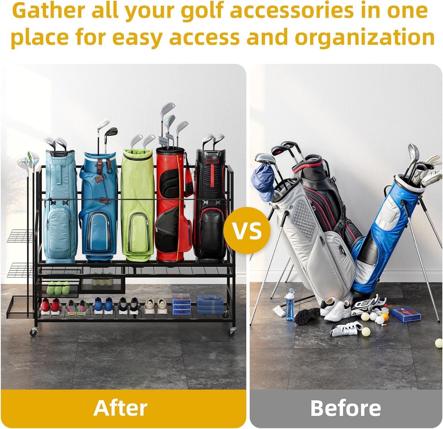 DWVO Golf Bag Organizer for Garage, Golf Storage Organizer w/Wheels for Garage Club and Shed, Golf Bag Storage Rack w/Drawer for Golf Bags, Clubs, Balls and Other Equipment Accessories
