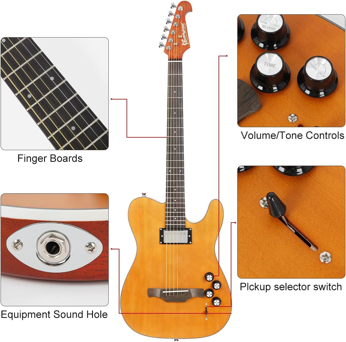 Bullfighter Hybrid Silent Electric Guitar Built-in effects Alloy Steel String Travel Portable Guitars Solid Body Neck Rosewood Fretboard With Gig Bag K10 (K10)