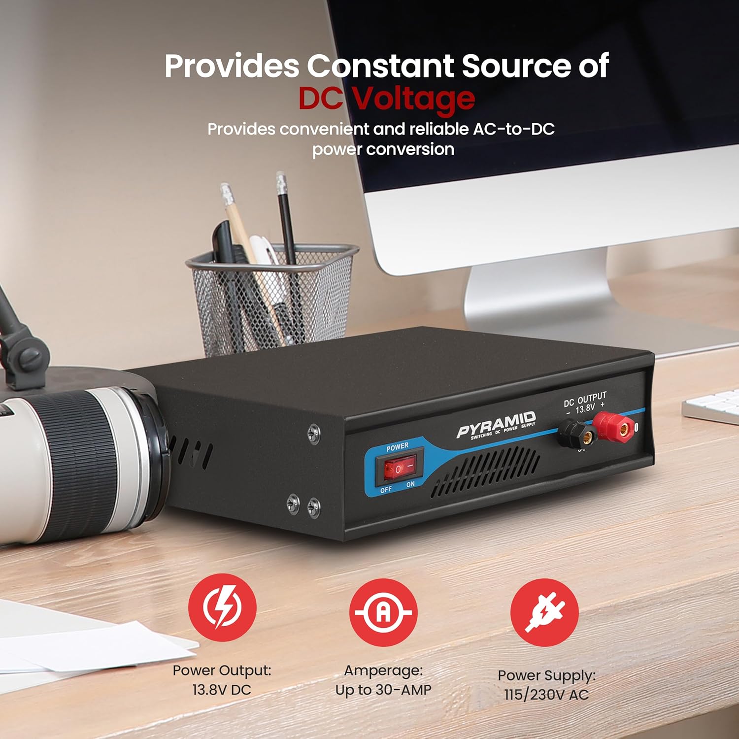 Pyle Universal Compact Bench Power Supply - 30 Amp Regulated Home Lab Benchtop AC-to-DC Converter w/ 13.8 Volt DC 115/230V AC Switchable, Screw Type Terminals, Cooling Fan - Pyle PSV300