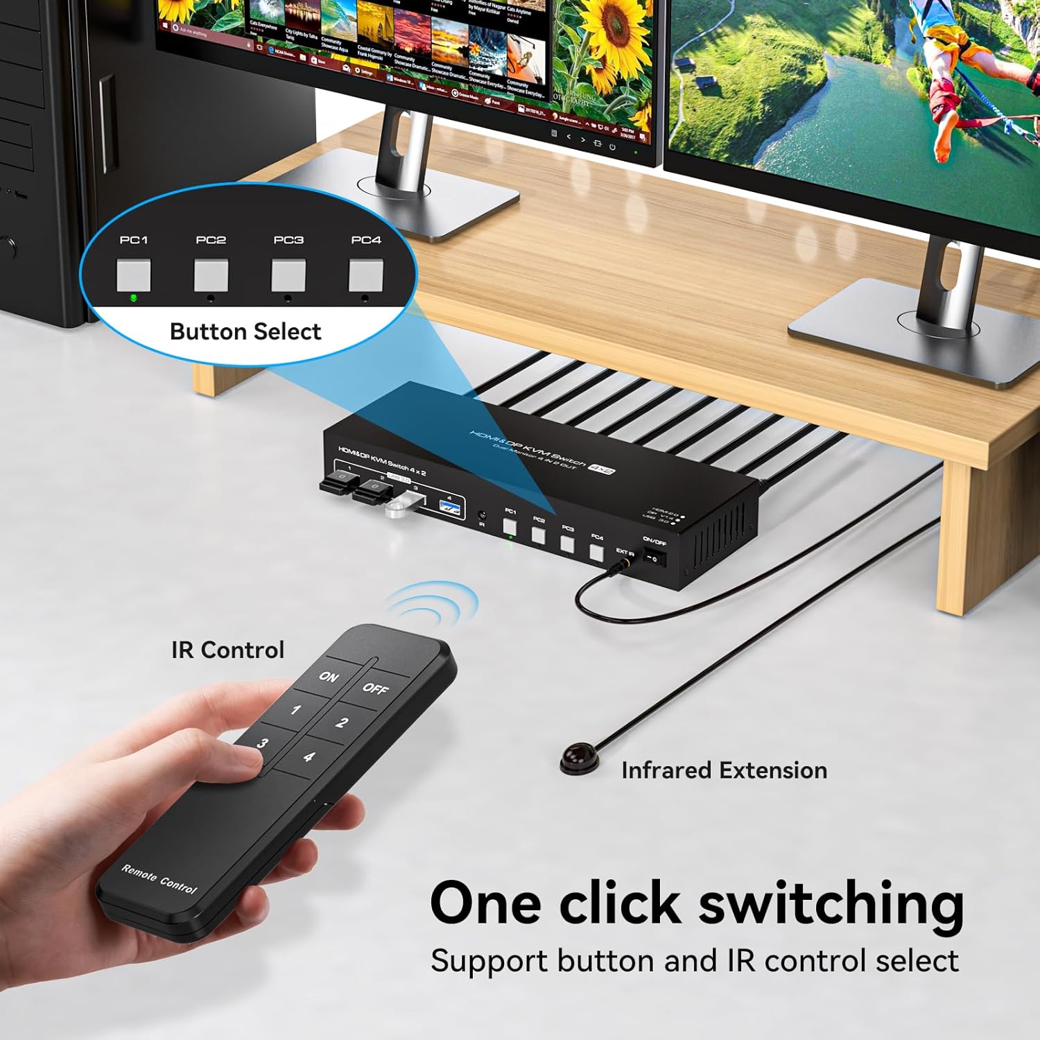 HDMI Displayport KVM Switch 4 Computers 2 Monitors 4K 60Hz 2K 120Hz 4 Port Dual Monitor KVM Switches for 4PC Share Four USB Device Support Copy and Extend Mode Includes Some Accessories