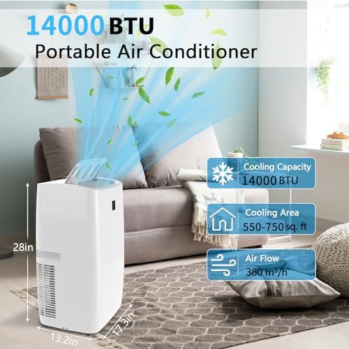 14000 BTU Portable Air Conditioner with Dehumidifier and Remote Control, AC for Apartment, Bedroom, Medium Rooms up to 750 Sq. Ft. in White