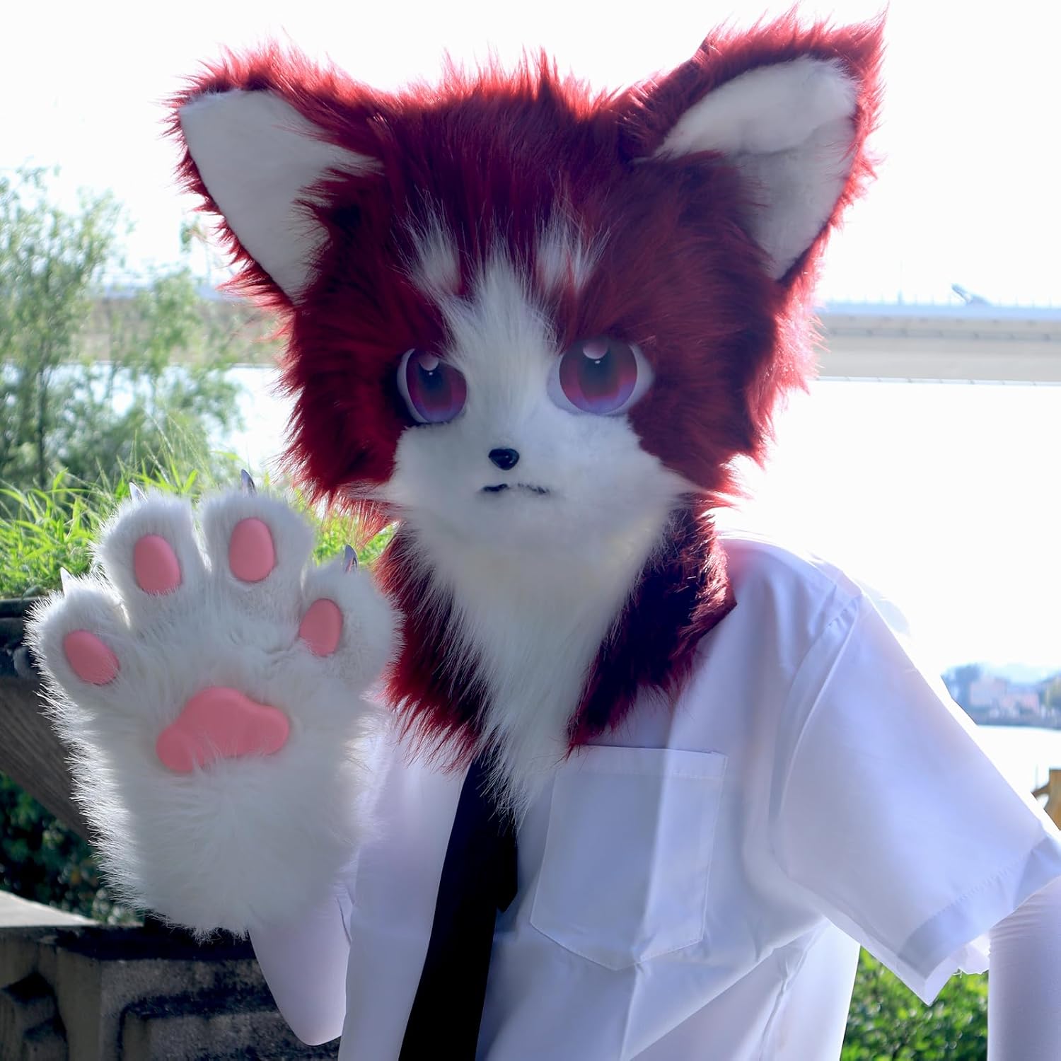 Animal Cat Fursuit Head Mask Furry and Therian Paw Gloves Set for Halloween Cosplay Costume Accessories