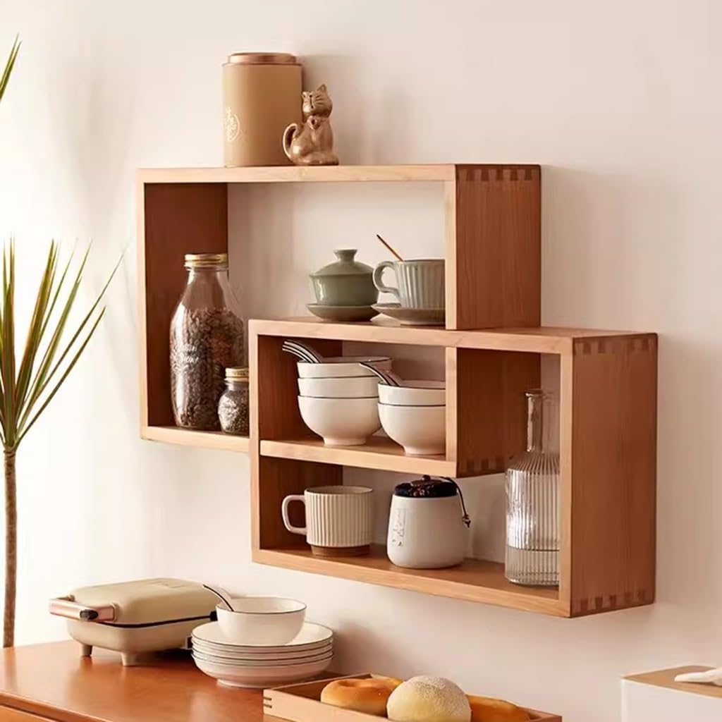 Storage Shelves Wall-Mounted Floating Shelves, Wood Floating Shelves Pack of 2 Wall Mounted Cube Rectangle Interlocking 80x14x48cm