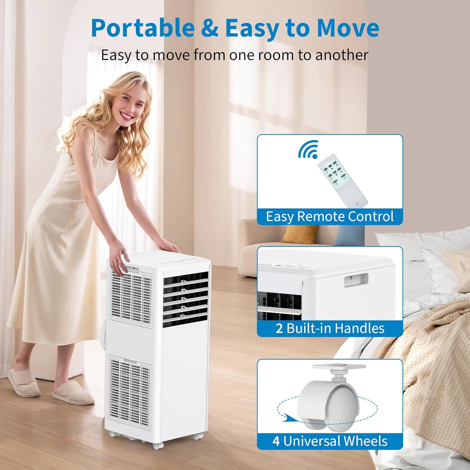 8,000 BTU Portable Air Conditioner, 3-In-1 AC Unit with Cooling, Dehumidifier, Fan Function, Standing Air Conditioner for Room Up to 350 Sq. Ft. with Remote and Window Kit, White