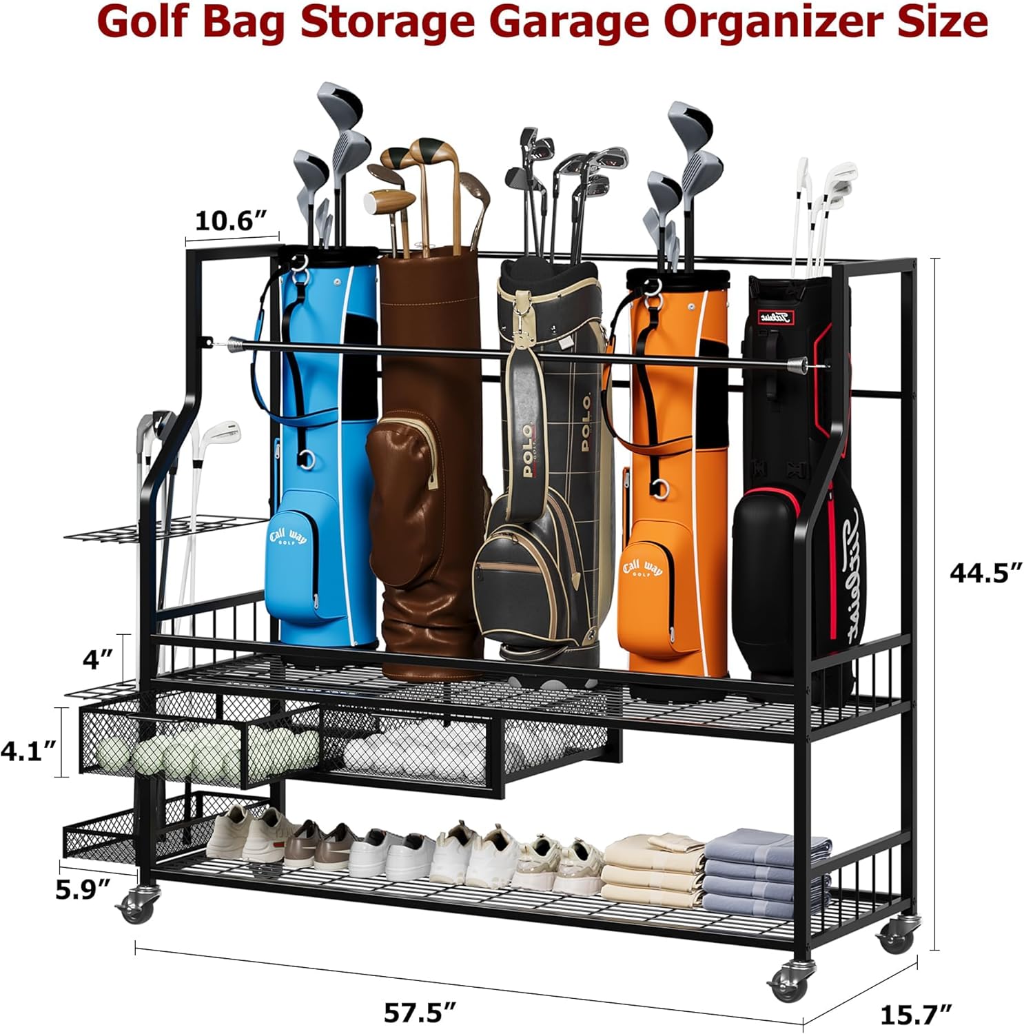 Golf Bag Storage Garage Organizer,Mobile 5-Bag Stand Fit for Golf Bag and Equipment Accessories,Golf Bag Storage Rack with Wheels for Garage