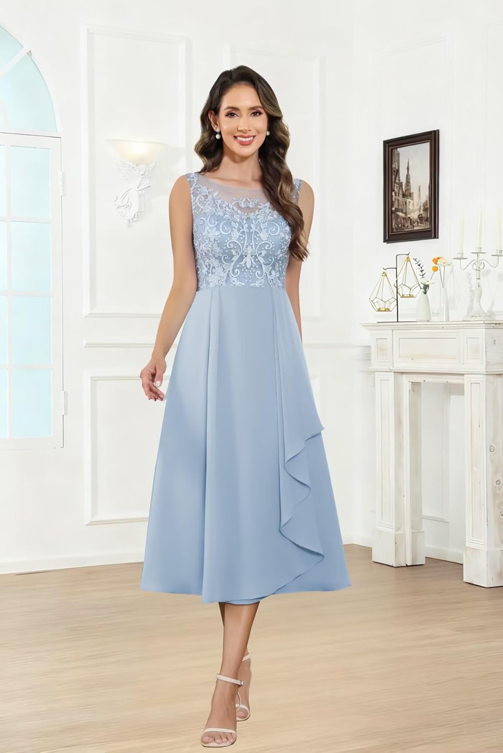 2 Piece Mother of The Bride Dresses Tea Length Chiffon Formal Mother of The Groom Dress with Jacket