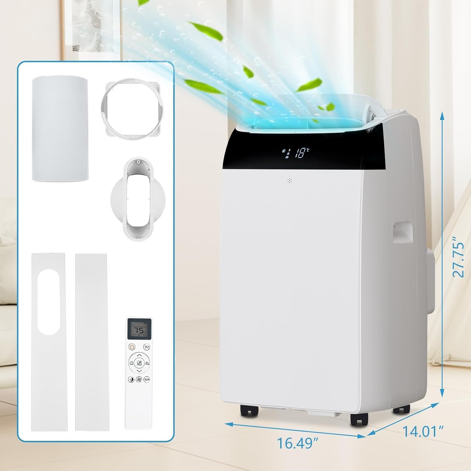 14,000 BTU Portable Air Conditioner with Remote Control, Cools Up to 750 Sq.Ft, 3 In 1 Portable AC with Dehumidifier and Fan, Free Stand AC Unit for Large Room, Campervan, Office, Windows Kit Included