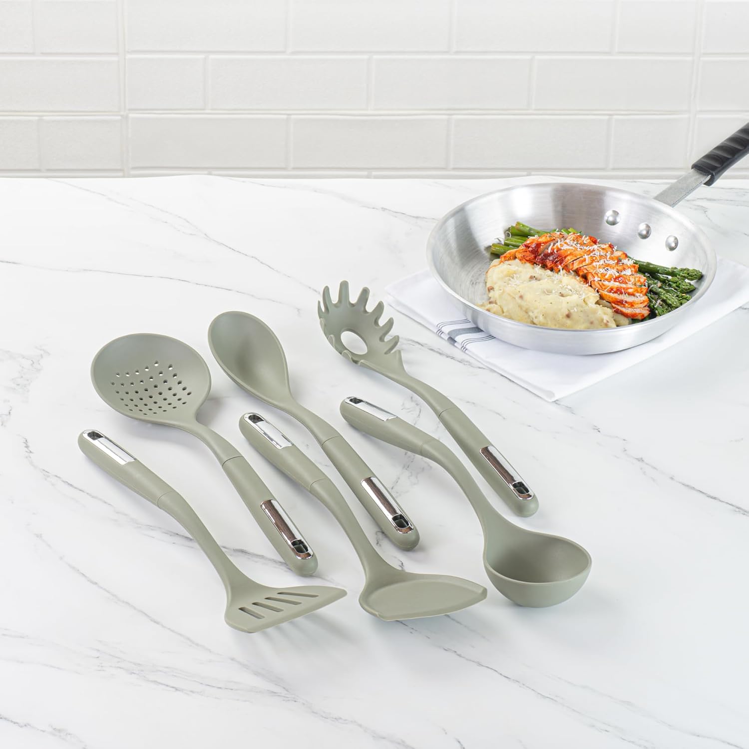 Restaurantware Silicone Utensil Set Pack of 10 Non-Slip Handle 6-Piece Kitchen Tool Set, Heat-Resistant Dishwasher-Friendly Cooking Accessories, Durable Green Cooking Utensils