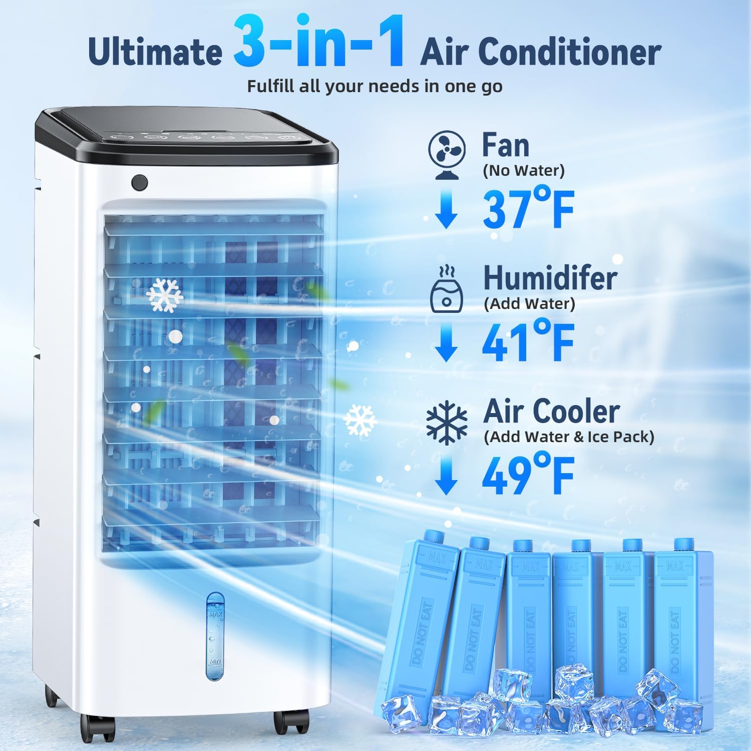 FANCOLE Windowless Portable Air Conditioners with 6 Ice Packs, 12H Smart Timer for Auto-off, 26Ft Remote, Top Fill Dual Tank, 3Speeds Evaporative Air Cooler, 65°Auto Swing Swamp Cooler Air Conditioner