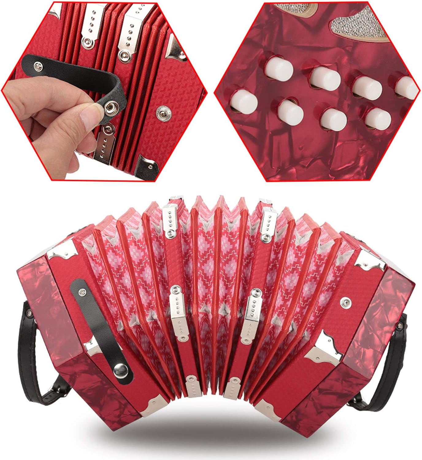 Accordion Concertina 20 Buttons, for Adults ABS Material Buttons Accordion Musical Accessories with Adjustable Straps and Bag 20.5 X 23.5 Cm (red)