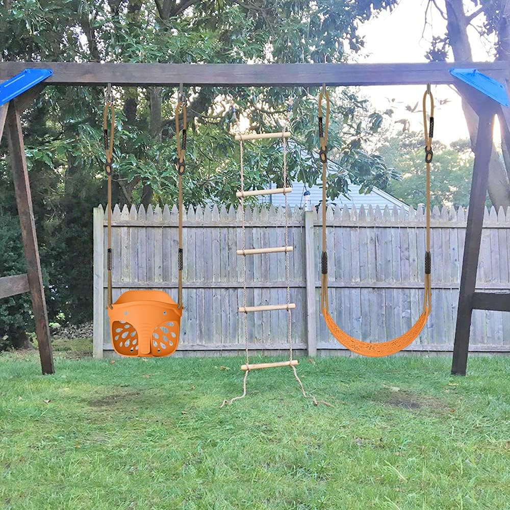 SELEWARE Toddler Swing Set Accessories, High Back Full Bucket Swing Seats with Adjustable Rope and 4 Locking Carabiners, Cute Elephant Shape Design 600LB Capacity (2 Pack)