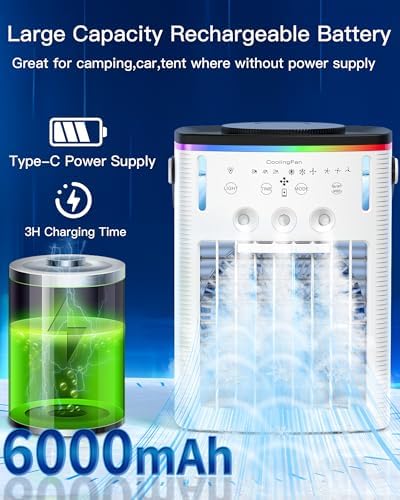 Battery Powered Air Conditioner 6000mAh,Rechargeable Small Air Conditioner for Room,Personal Air Cooler with Mist,Timer,Light,Portable Mini AC Unit Cooling Fan for Camping,Tent,Car,Desktop,Bedroom