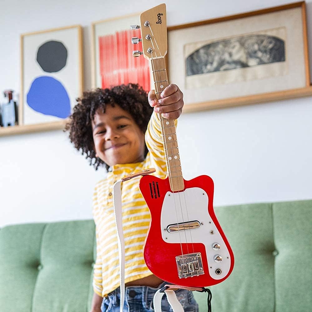 Loog Mini Electric kids Guitar for Beginners built-in Amp Ages 3+ Learning App and Lessons Included Yellow