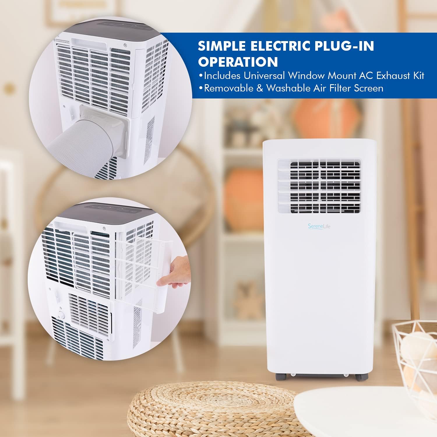 SereneLife Small Air Conditioner Portable 8,000 BTU with Built-in Dehumidifier - Portable AC unit for rooms up to 350 sq ft - WiFi app + Remote Control, Window Mount Exhaust Kit