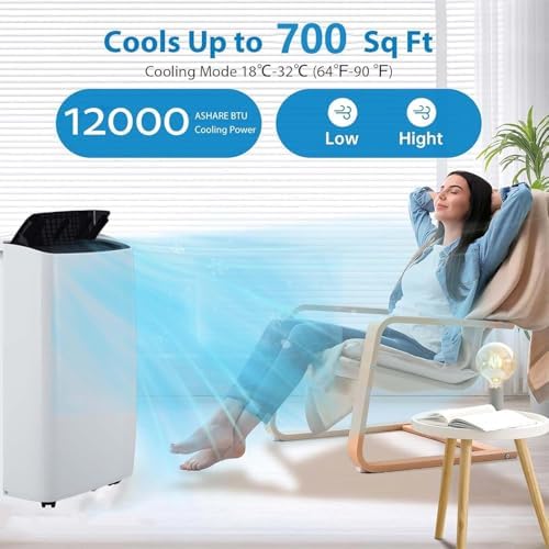 12,000 BTU Portable Air Conditioner, 3-In-1 Cool, Fan, Dehumidify Modes, Cools up to 700 sq.ft, Quiet AC Unit with LED Display, with Remote Control, 24 Hour Timer for Room, Dorm, Office