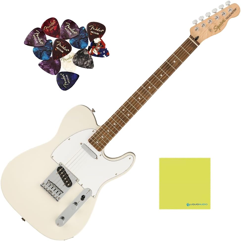 Fender Telecaster Guitar Squier Affinity Series Indian Laurel Fingerboard, Olympic White Bundle with 12x Fender Guitar Picks & Liquid Audio Instrument Polishing Cloth