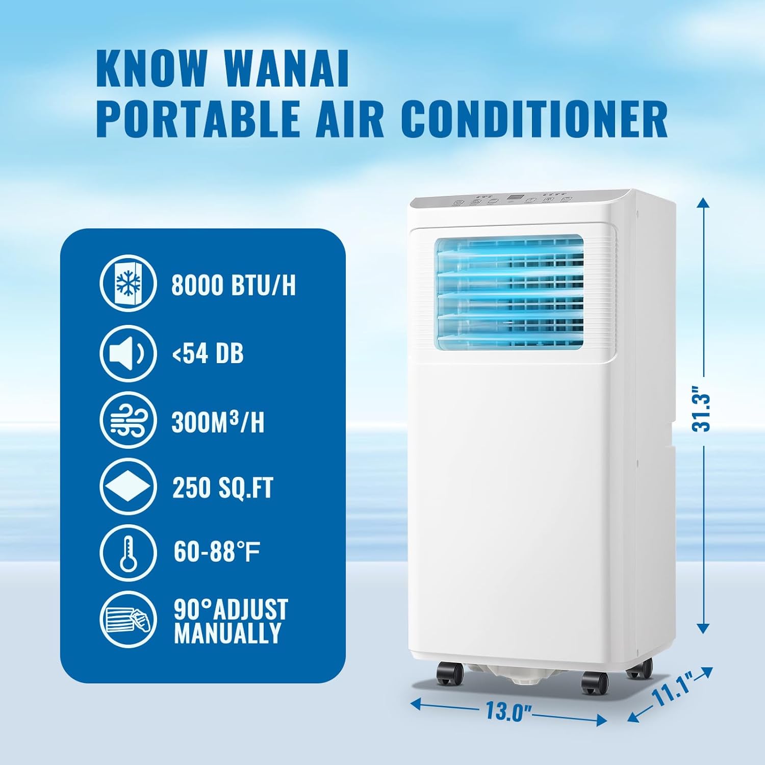 WANAI Portable Air Conditioner Standing Floor 8,000 BTU ASHARE(5,000 BTU SACC) AC Unit with Built-in Dehumidifier & Fan, Remote Control and Window Installation Kit Included, LED Display, White