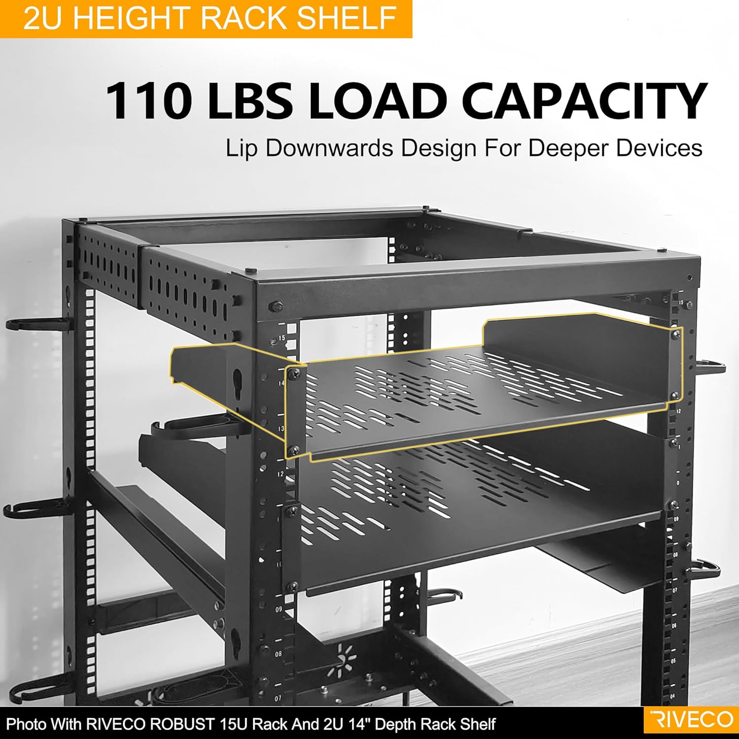RIVECO 2 PCS 2U Rack Shelves 14 Inch Depth, Rack Mount Vented Cantilevers for Server 19